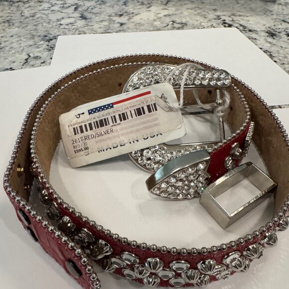 Brand new, BB Simon Red Belt / All silver crystals and parachute studs - Picture 1 of 3
